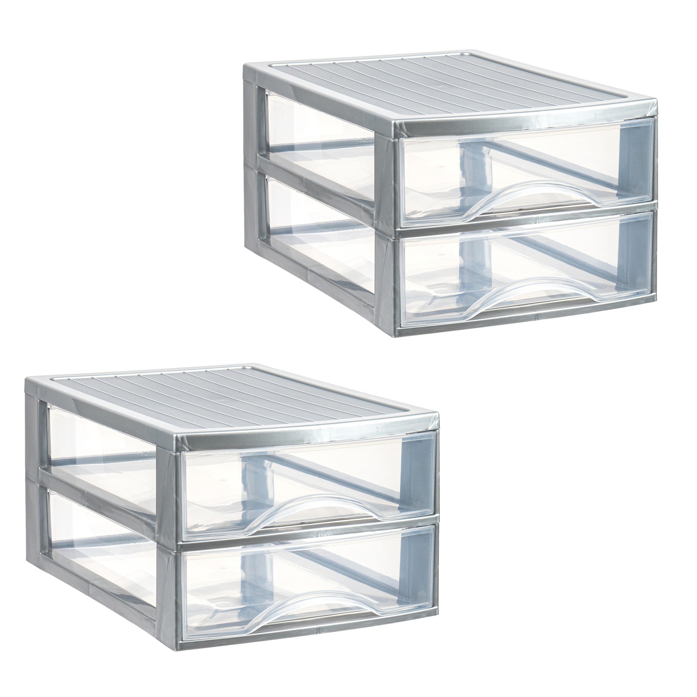 PlasticForte Ladekastje bureau organizer - 2x - 2 lades - zilver/transparant - L26 x B35 x H19 cm - kunststof -
