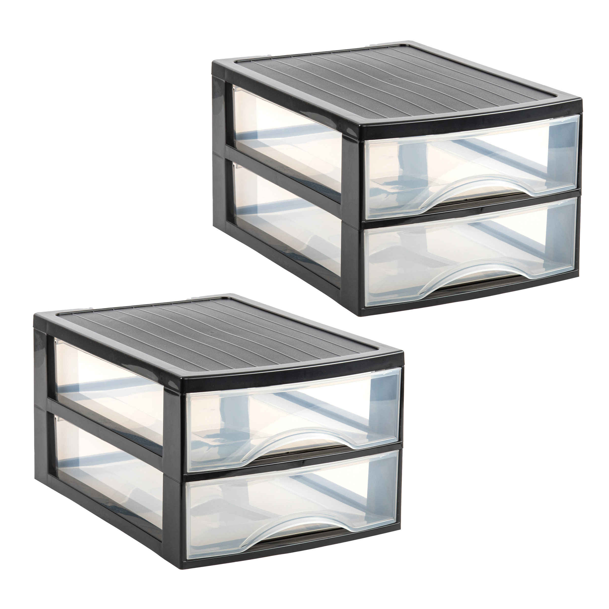 PlasticForte Ladekastje bureau organizer - 2x - 2 lades - zwart/transparant - L26 x B35 x H19 cm - kunststof -