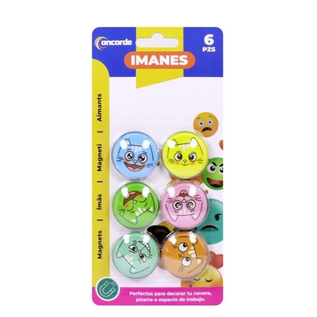 Concorde Magneten rond - katten/poezen design - multi kleuren - 6x stuks - D4 cm - hobby/koelkast magneetjes -