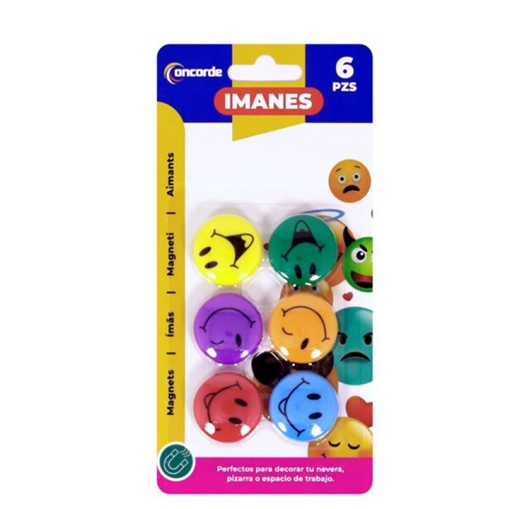 Concorde Magneten rond - smile design - multi kleuren - 6x stuks - D3 cm - hobby/koelkast magneetjes -