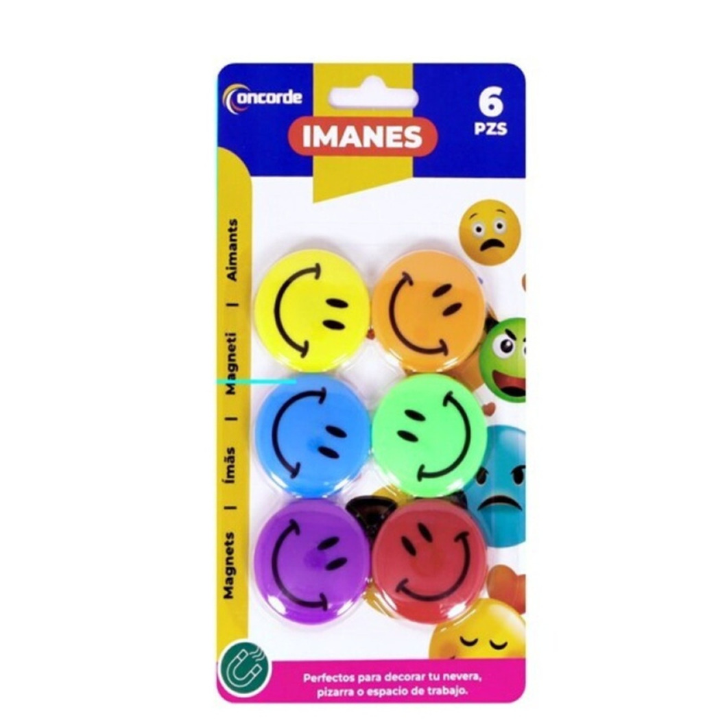 Concorde Magneten rond - smile design - multi kleuren - 6x stuks - D4 cm - hobby/koelkast magneetjes -