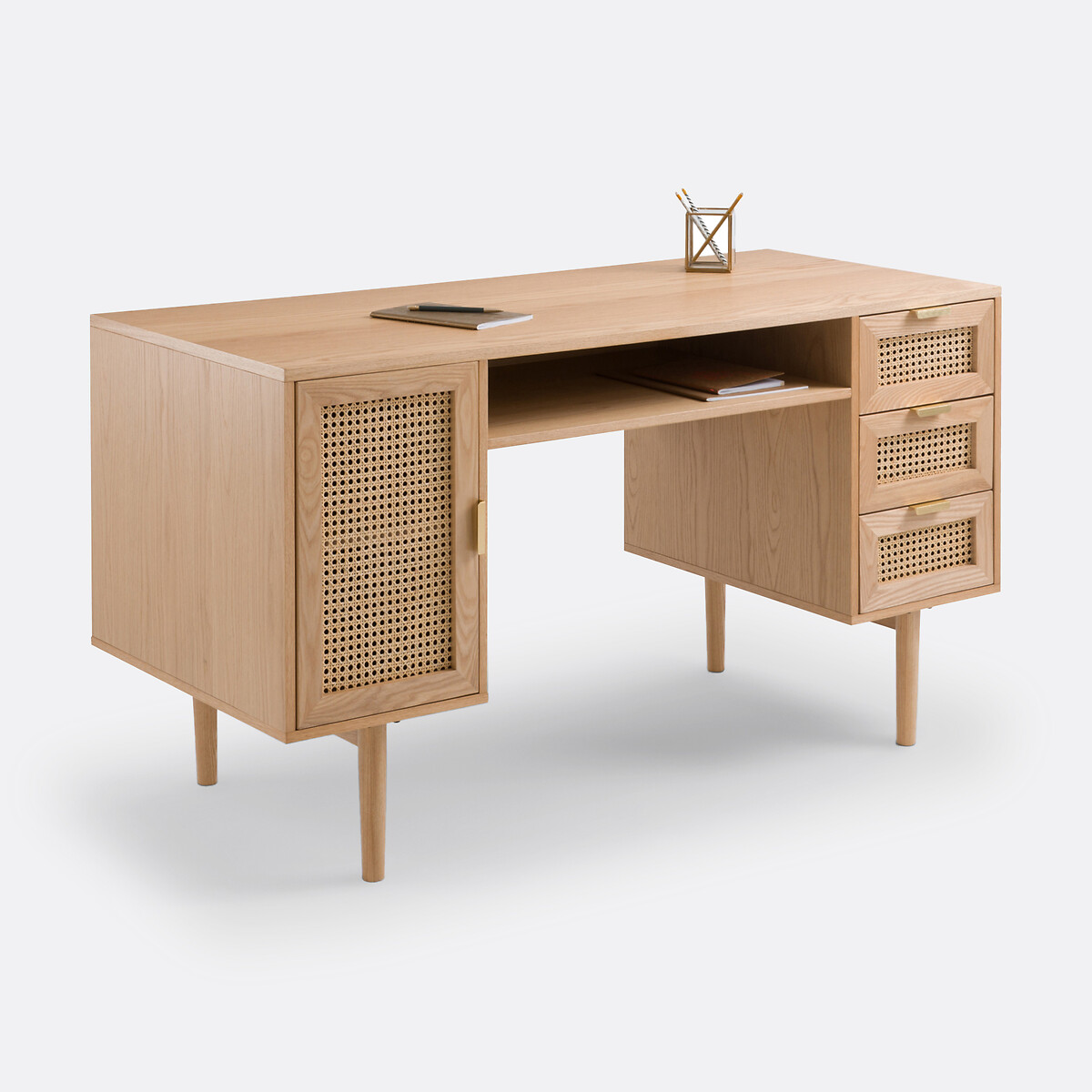 SO'HOME Bureau dubbele blok in gefineerd eiken en rotan, Loris