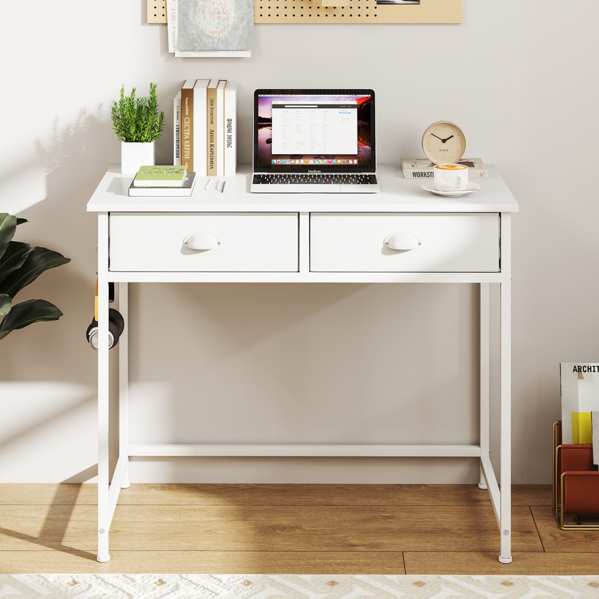 Costway Kleine Bureau Computer Tafel met 2 Stoffen Lades 4 Haken & Metalen Frame Moderne Houten Bureau in Het Wit