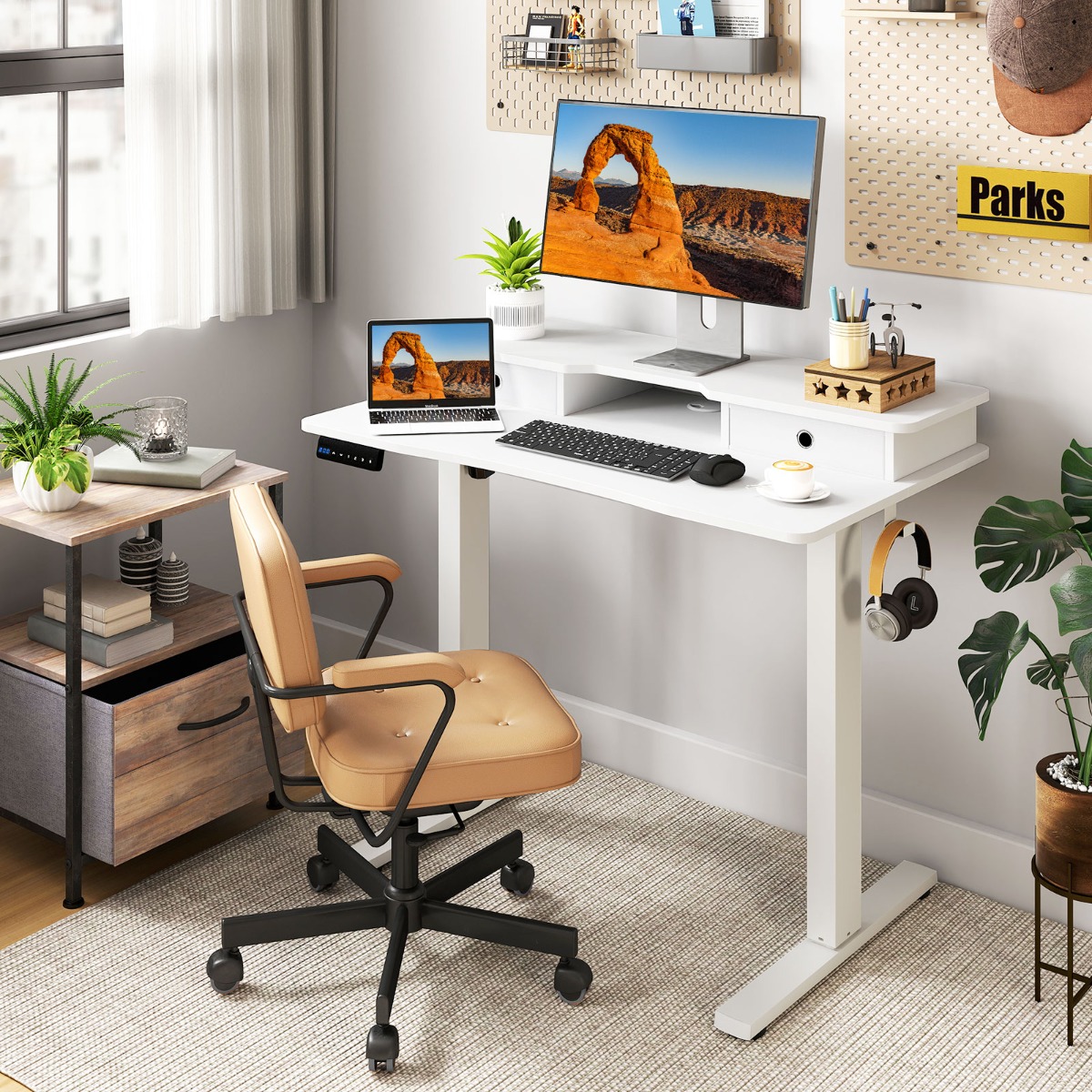 Costway In Hoogte Verstelbaar Bureau met Monitorstandaard & Laden & 2 Haken Computerbureau Wit