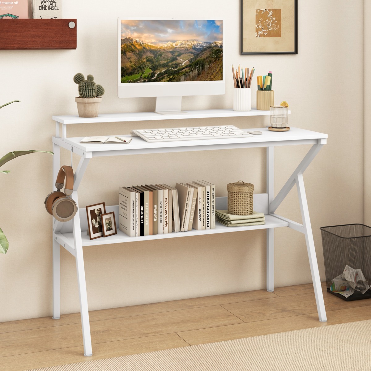 Costway Bureau met Monitorstandaard 100 x 50 cm Kleine Computerbureau PC-tafel met Plank Wit
