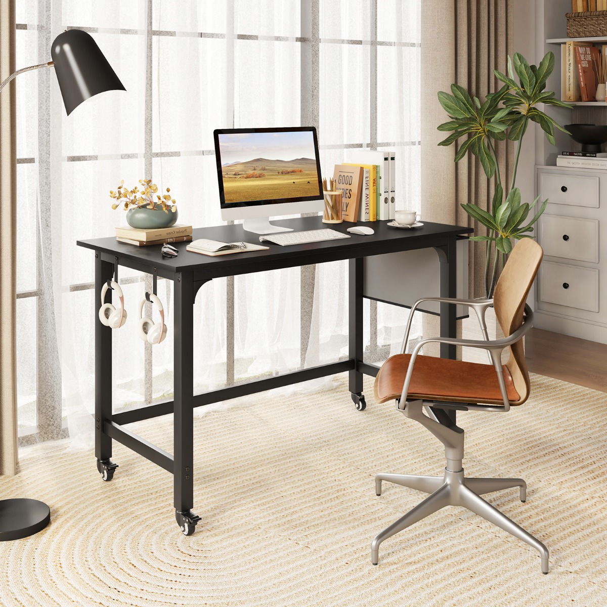 Costway Bureau met Wieltjes Computertafel met Afneembare Stoffen Tas en Koptelefoonhaak 120 x 60 x 75 cm Zwart