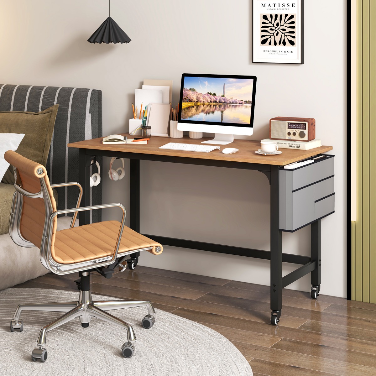 Costway Bureau met Wieltjes Computertafel met Afneembare Stoffen Zak en Koptelefoonhaak 120 x 60 x 75 cm Hout