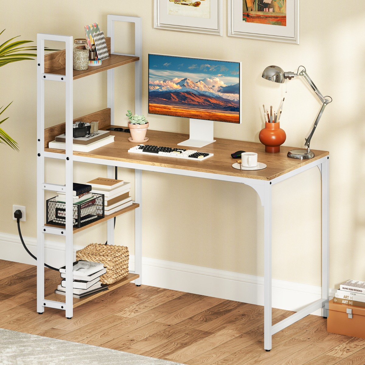 Costway Bureau met Oplaadstation 120 x 65 cm Computerbureau met Open Boekenrek Natuur