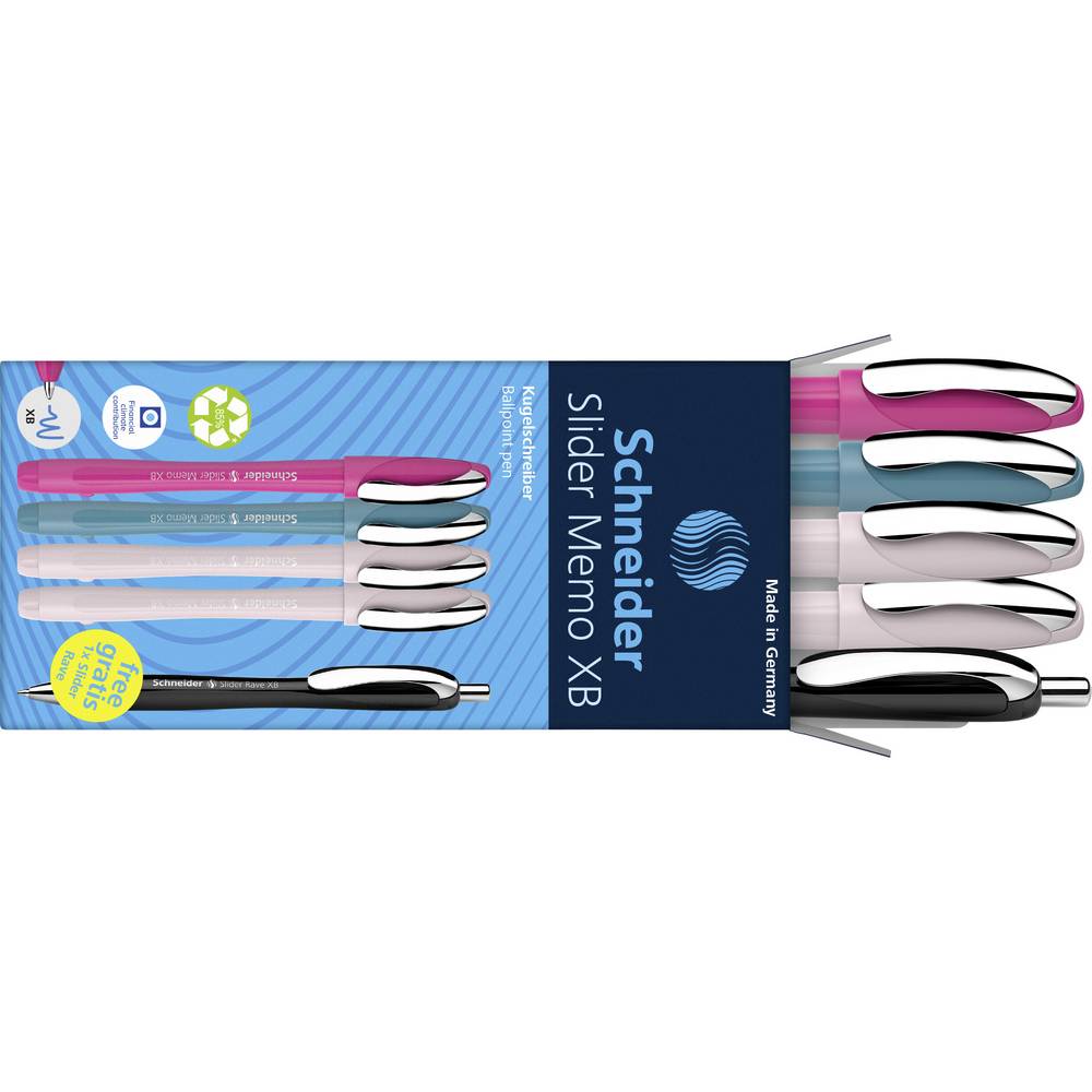 Schneider Schreibgeräte 5 stuk(s) Etui 4x Memo + 1x Rave sortiert 150255 Balpen Kleur inkt: Blauw N/A