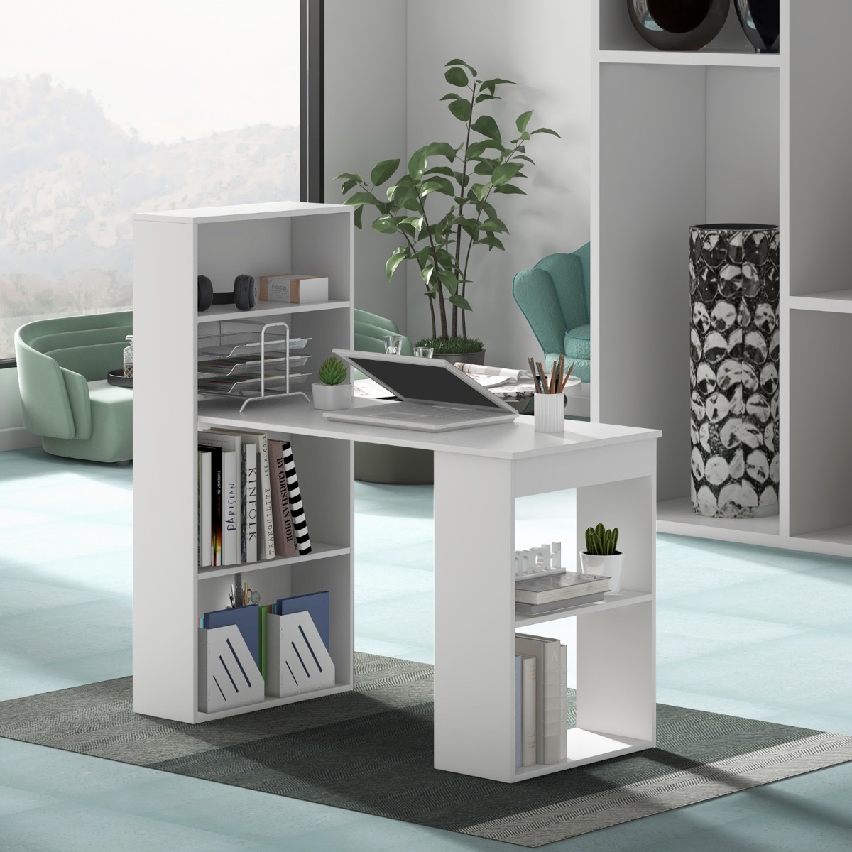 Costway 122 cm Computerbureau met Boekenkast Modern Compact Bureau met 6-Laags Opbergplanken Omkeerbaar Studeertafel met Brede Basis Wit