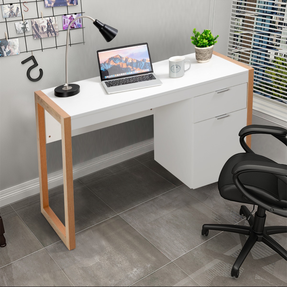 Costway Modern Computer Bureau met Opbergkast Lade Eenvoudig Elegant Ontwerp Verdikt Paneel Schrijftafel Glad Oppervlak Ideaal voor Thuiskantoor