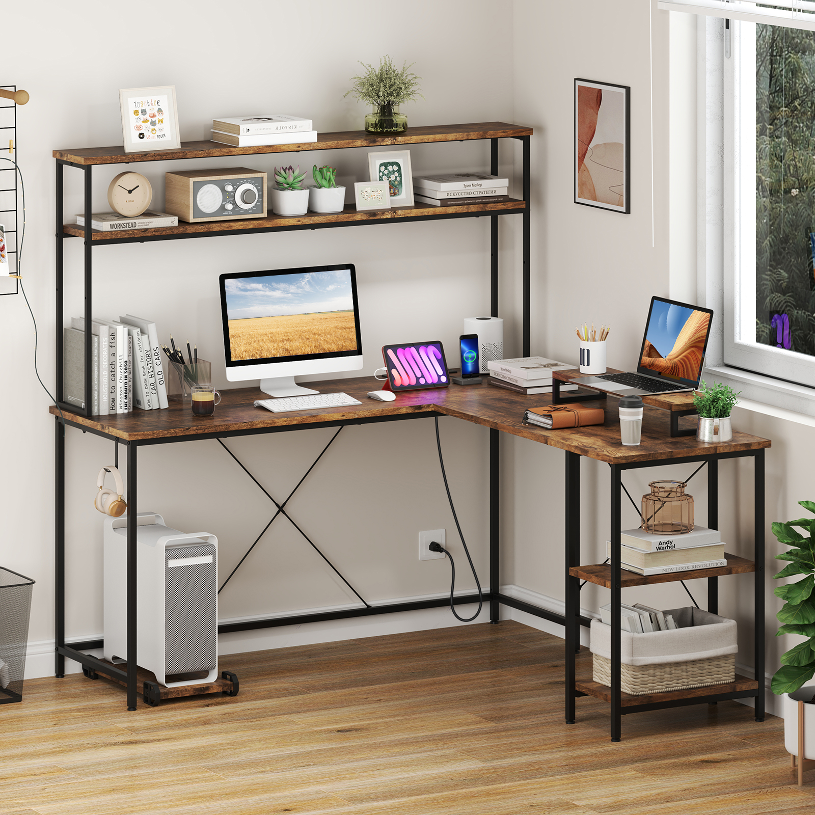 Costway L-vormige Gaming Bureau met LED-strips & Stopcontacten Hoekbureau Computerbureau Bruin