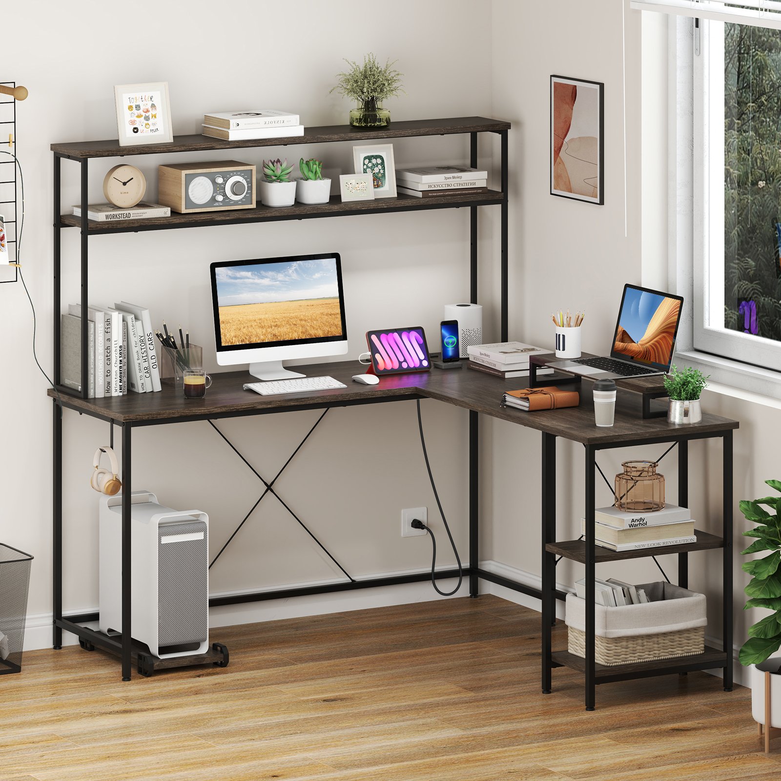 Costway L-vormige Gaming Bureau met LED-strips & Stopcontacten Hoekbureau Computerbureau Grijs