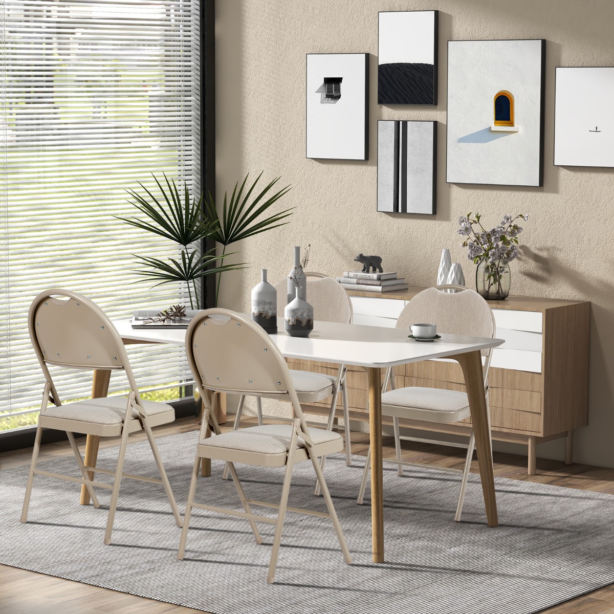Costway 4-Delige Klapstoelen Draagbare Metalen Stoelen met Gevoerde Zitting met Stof Beklede Rugleuning Massief Metalen Frame