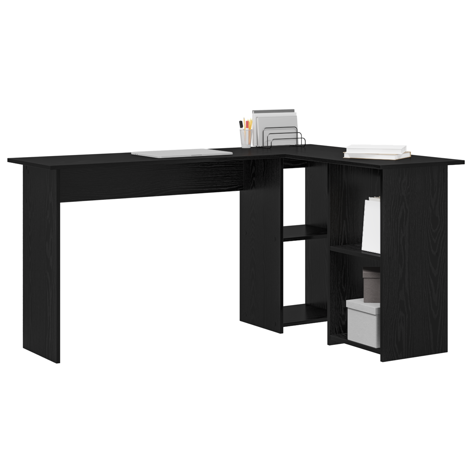 vidaXL Hoekkantoor met Opbergruimte Zwart Eiken 142x102x73 cm