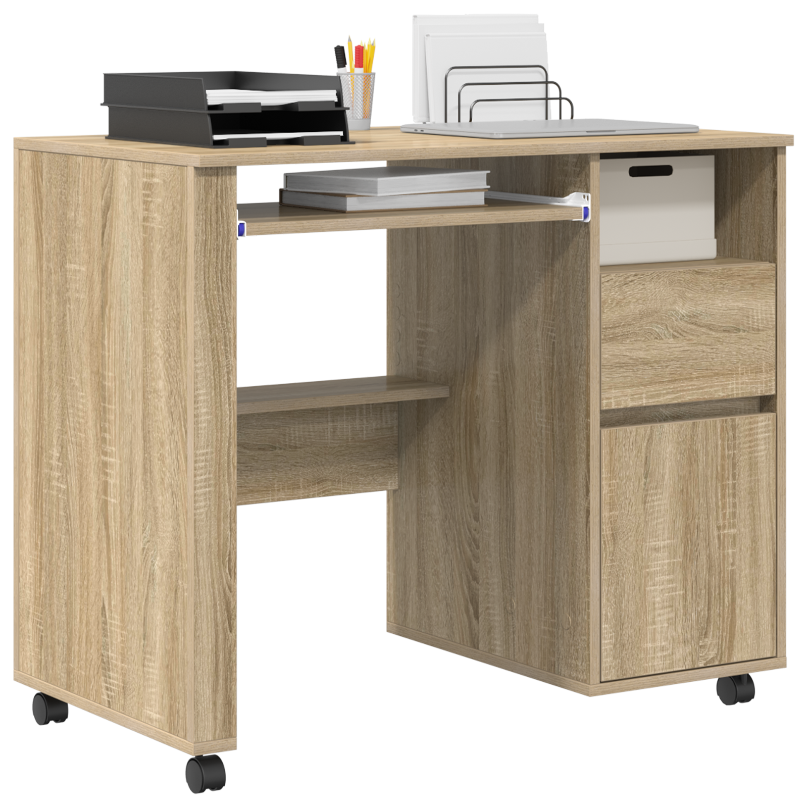 vidaXL Bureau met Wielen in Sonoma Eik 91x50x77 cm Van Gefabriceerd Hout