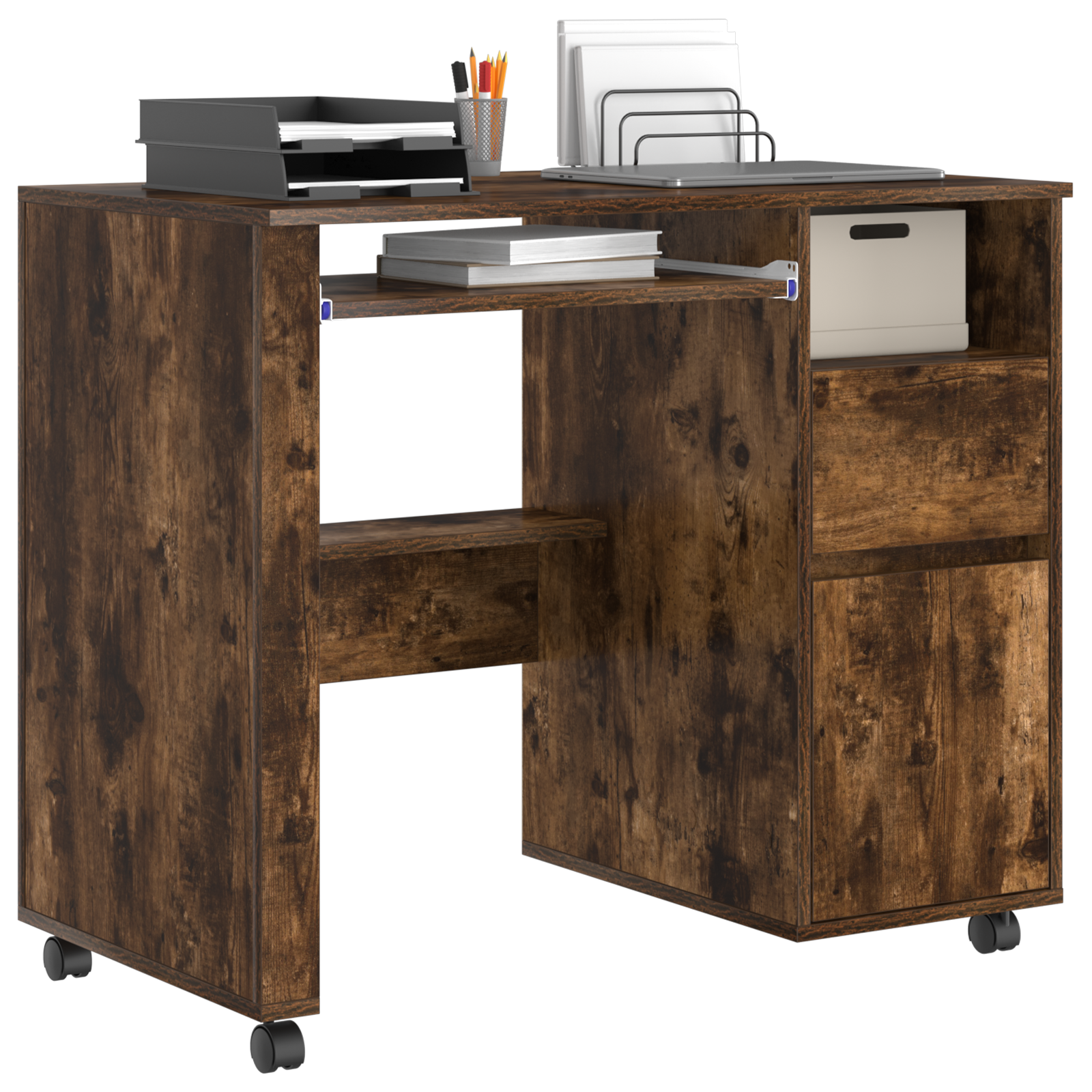 vidaXL Bureau met Wielen Rook Eiken 91x50x77 cm Gelaagd Hout