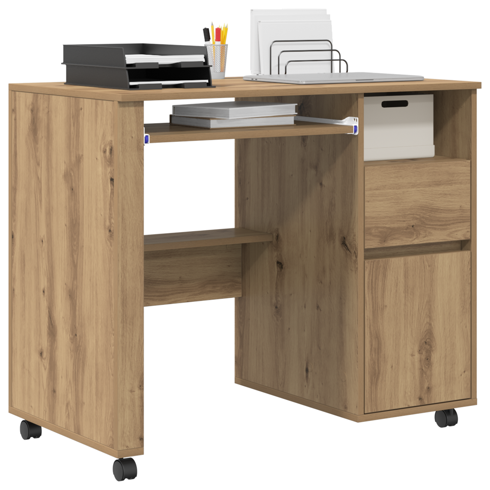 vidaXL Bureau met Wieltjes Artisan Eiken 91x50x77 cm Gelaagd Hout