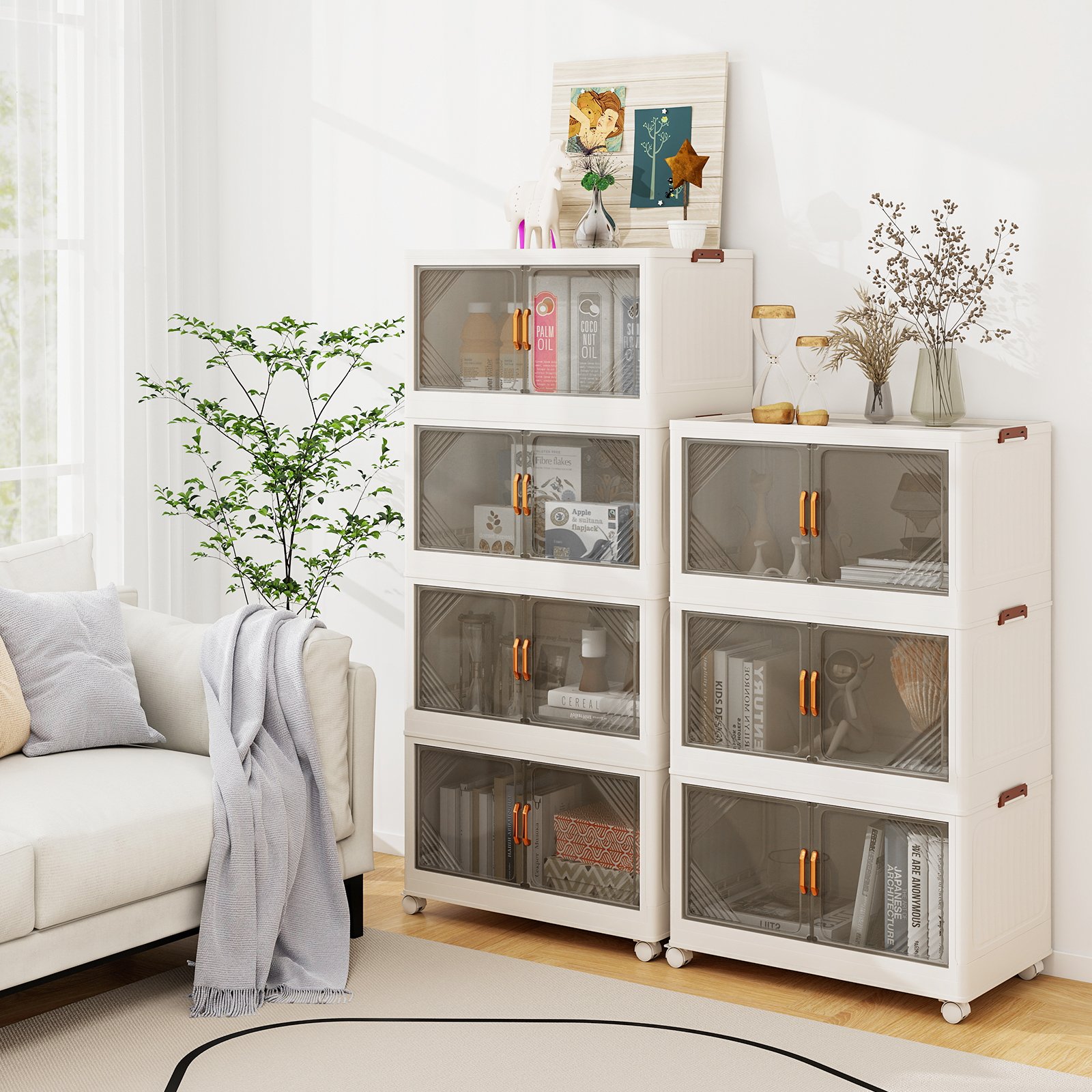 Costway 213L Opbergdozen met Deksel Stapelbare Opbergcontainers met Wielen & Deuren