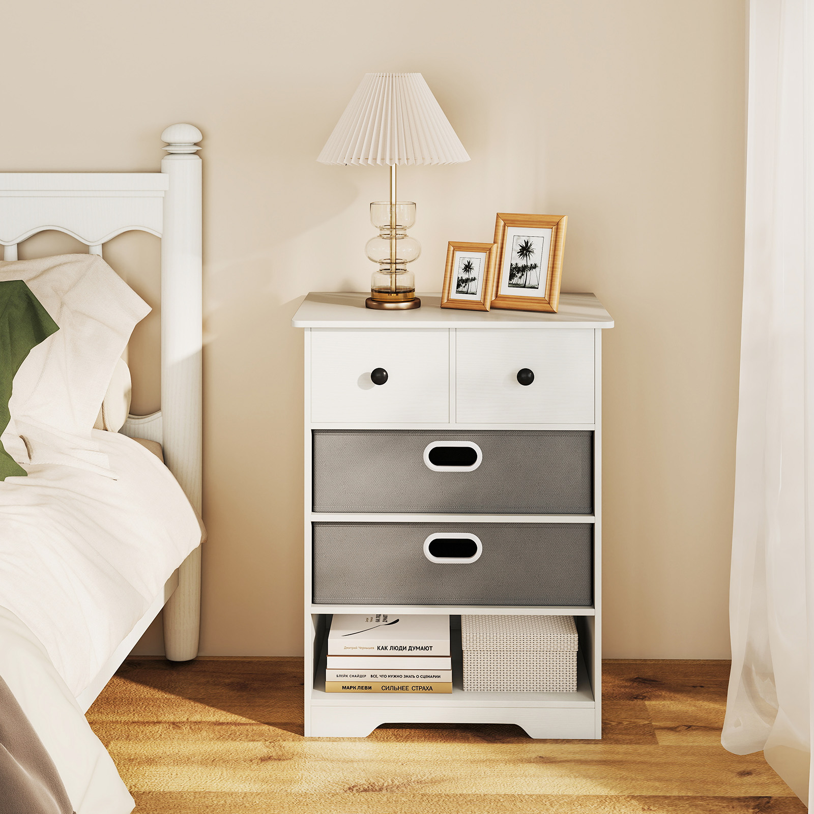 Costway Kast met 4 Lades Dressoir met Open Planken Nachtkastje Opbergkast 58 x 42 x 75 cm Wit