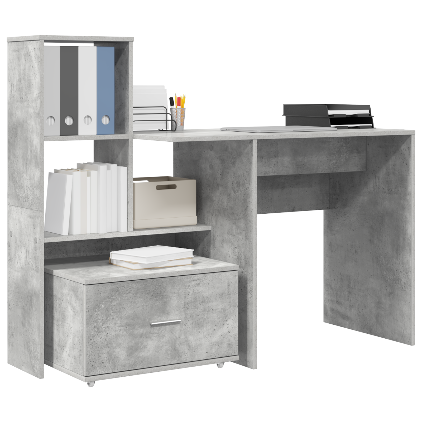 vidaXL Bureau met lade met plank met opslag Betongrijs 131,5 x 50 x 106,5 cm Bewerkt hout
