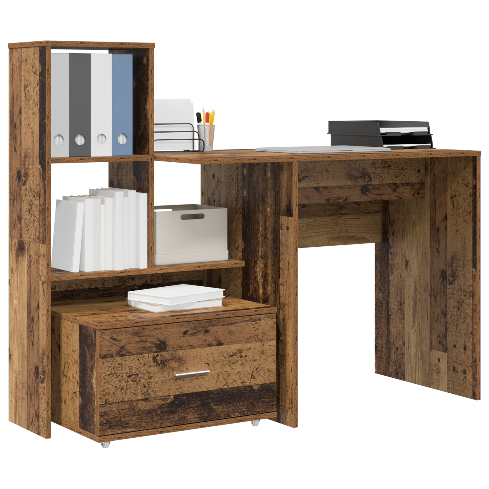 vidaXL Bureau met lade met plank met opslag Oud hout 131,5 x 50 x 106,5 cm Bewerkt hout