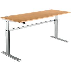 Standaard bureau, elektrisch in hoogte verstelbaar, rechthoekig, C-poot, B 1800 x D 800 x H 725-1185 mm, beuken/blank aluminium RAL 9006