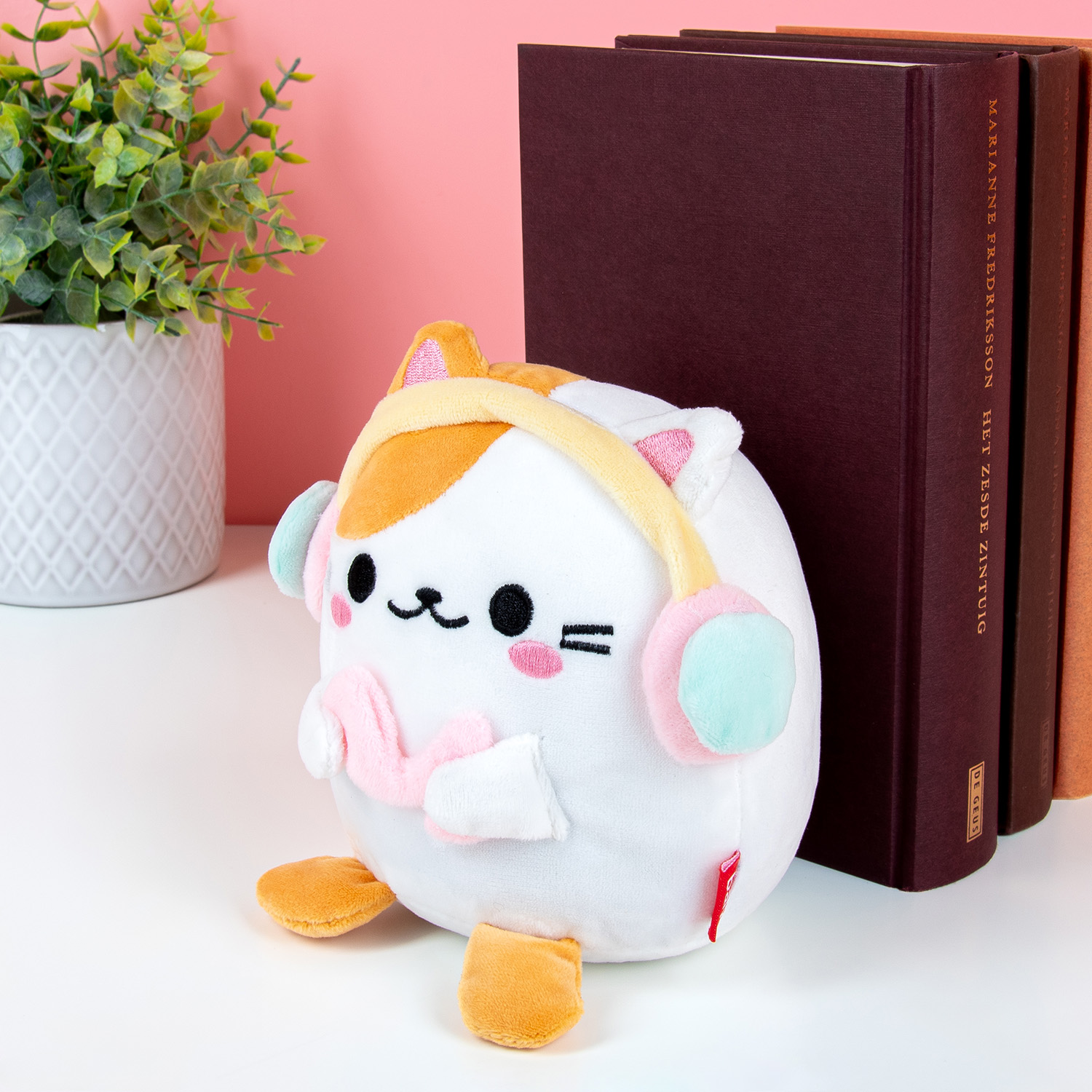 Balvi Kawaii kat boekensteun - Wit/koptelefoon