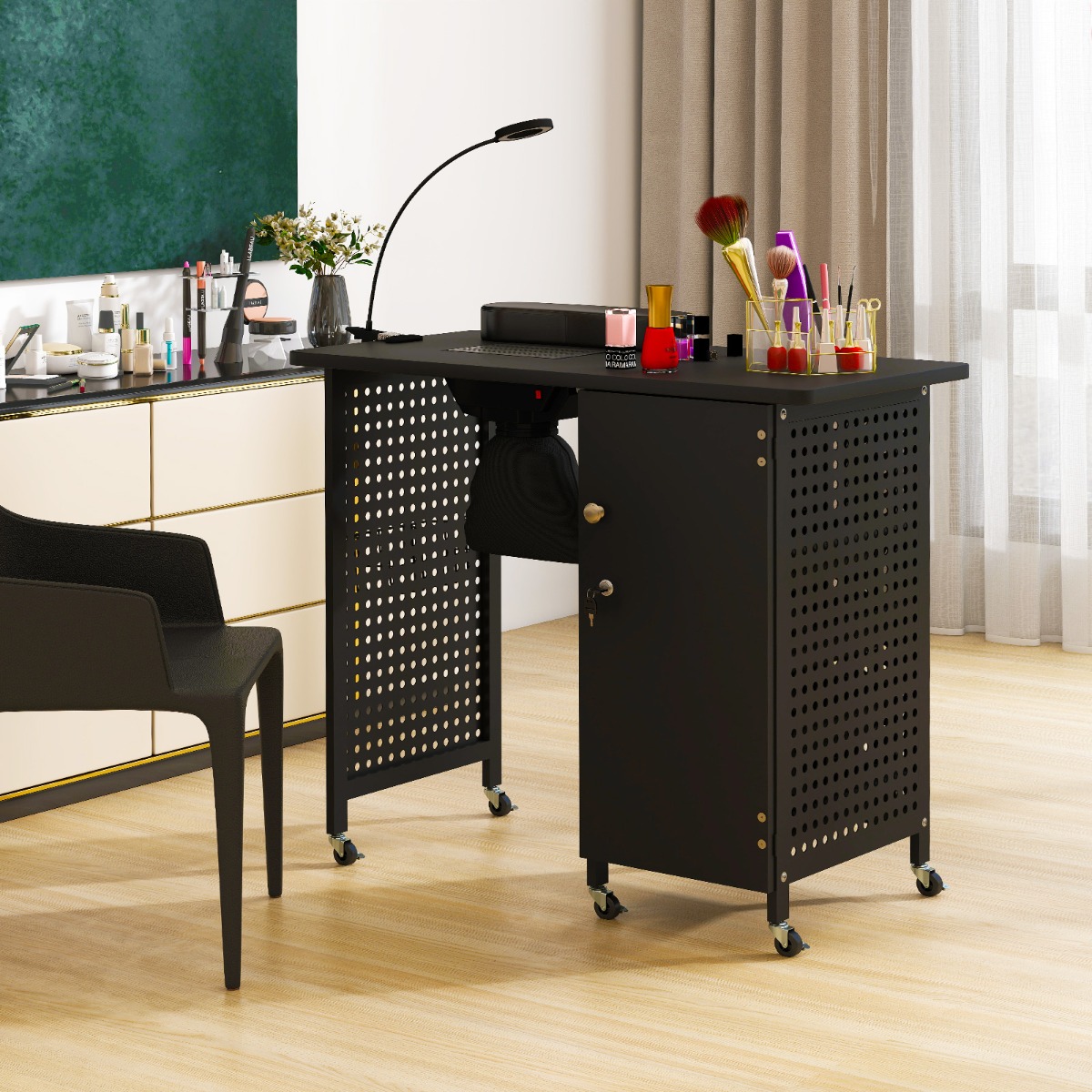 Costway Nageltafel met 6 Wielen Nageltechnicusbureau met Stofzak en Afzuigventilator