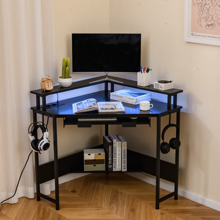 Costway Hoekbureau met Oplaadstation & LED & Toetsenbordlade & Monitorstandaard Gamingtafel Zwart