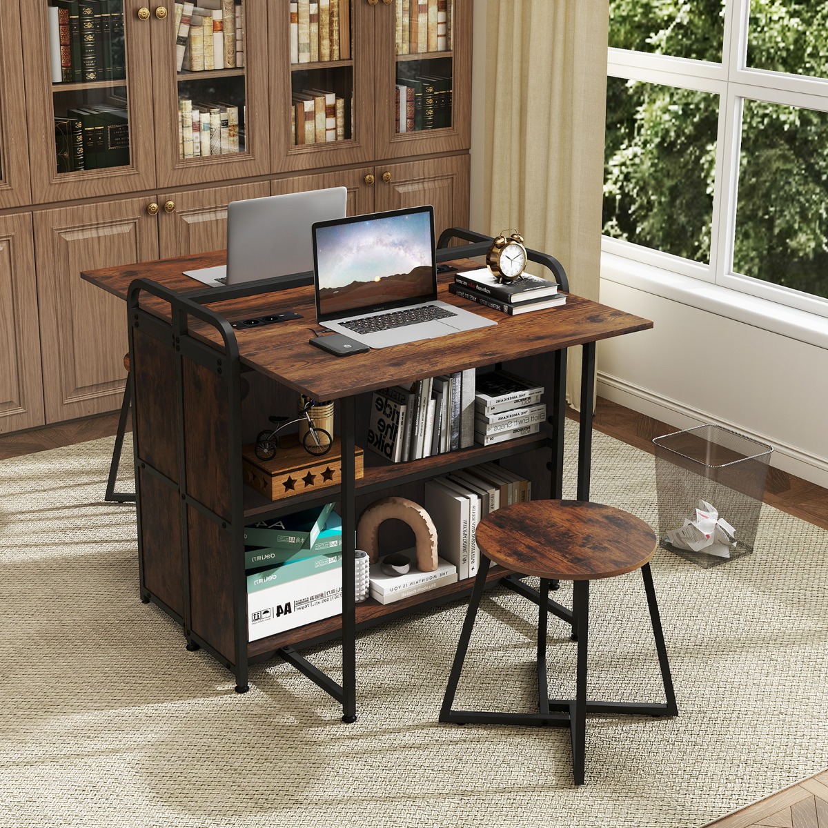 Costway Opvouwbaar Bureau met Kruk Draagbare Bureau en Kruk Set met Opbergplanken AC Stopcontacten USB & Type-C Poorten Bruin