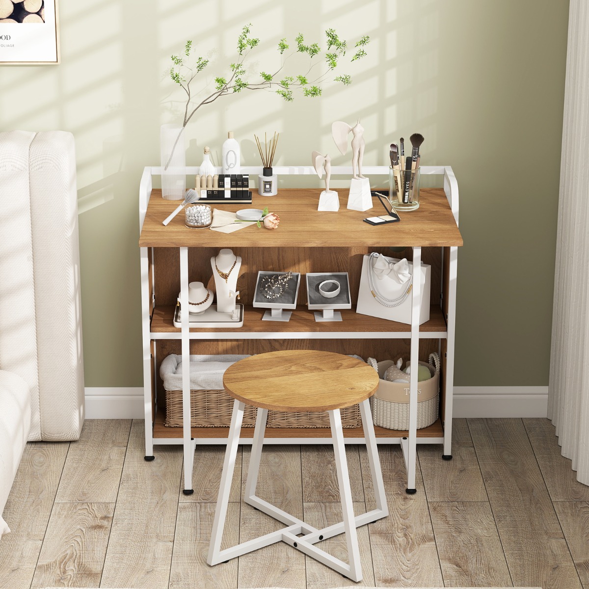 Costway Opvouwbaar Bureau met Kruk Draagbare Bureau en Kruk Set met Opbergplanken AC Stopcontacten USB & Type-C Poorten Natuur