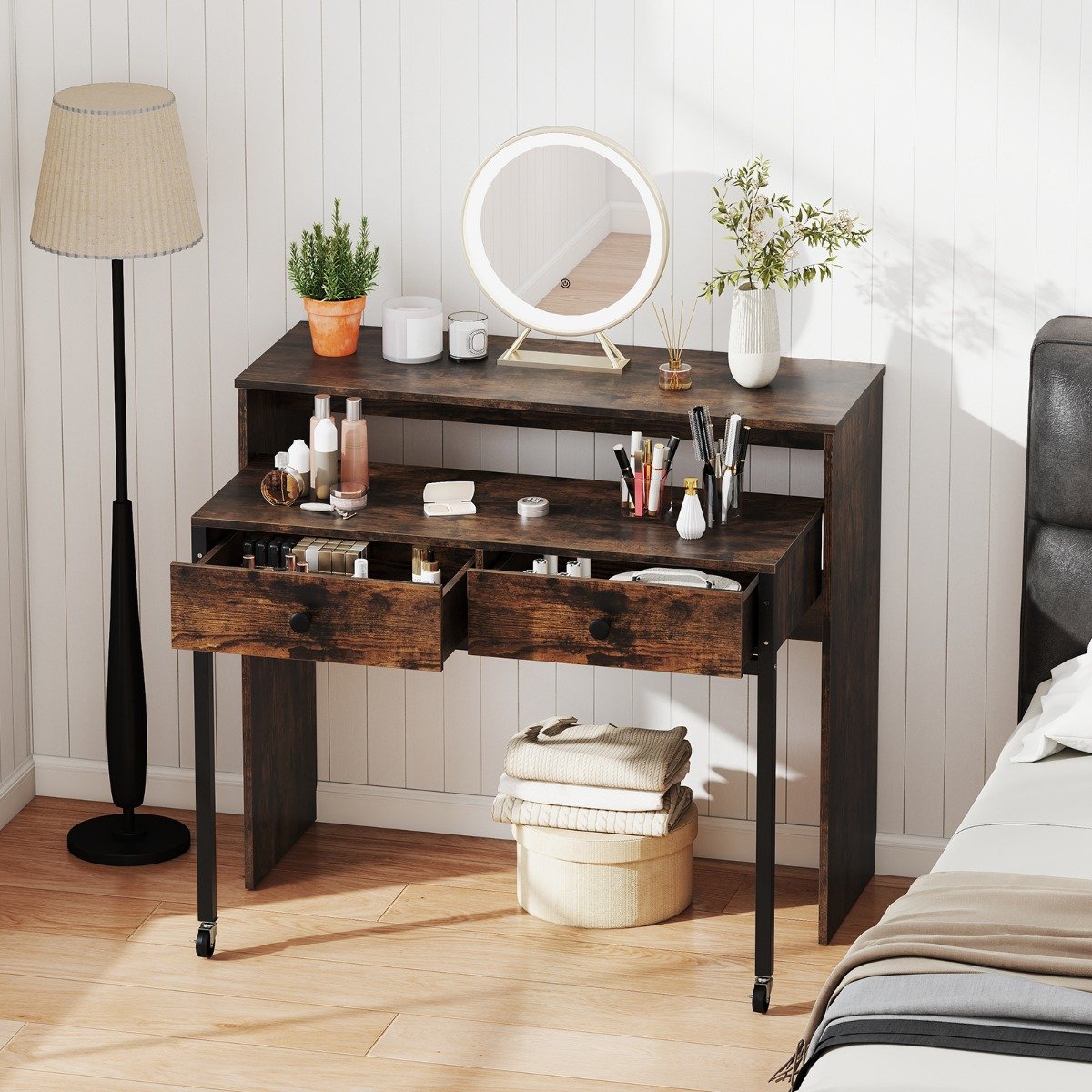 Costway Uittrekbare Bureau Kleine Computertafel met 2 Lades en Wielen 100 x 63 x 88 cm Bruin
