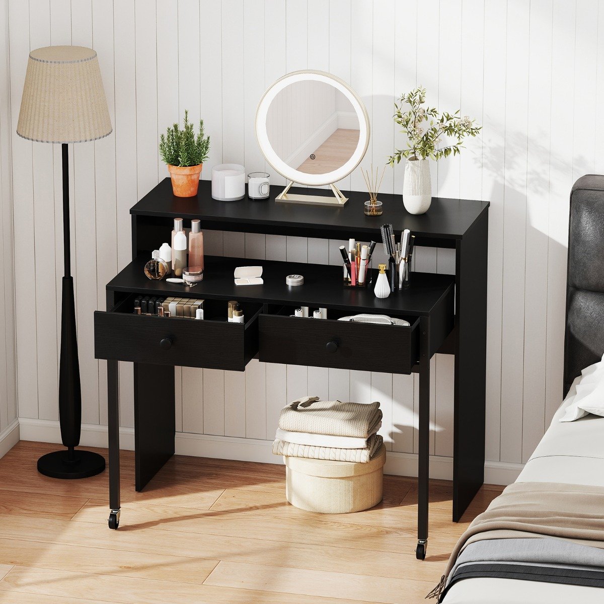 Costway Uittrekbare Bureau Kleine Computertafel met 2 Lades en Wielen 100 x 63 x 88 cm Zwart
