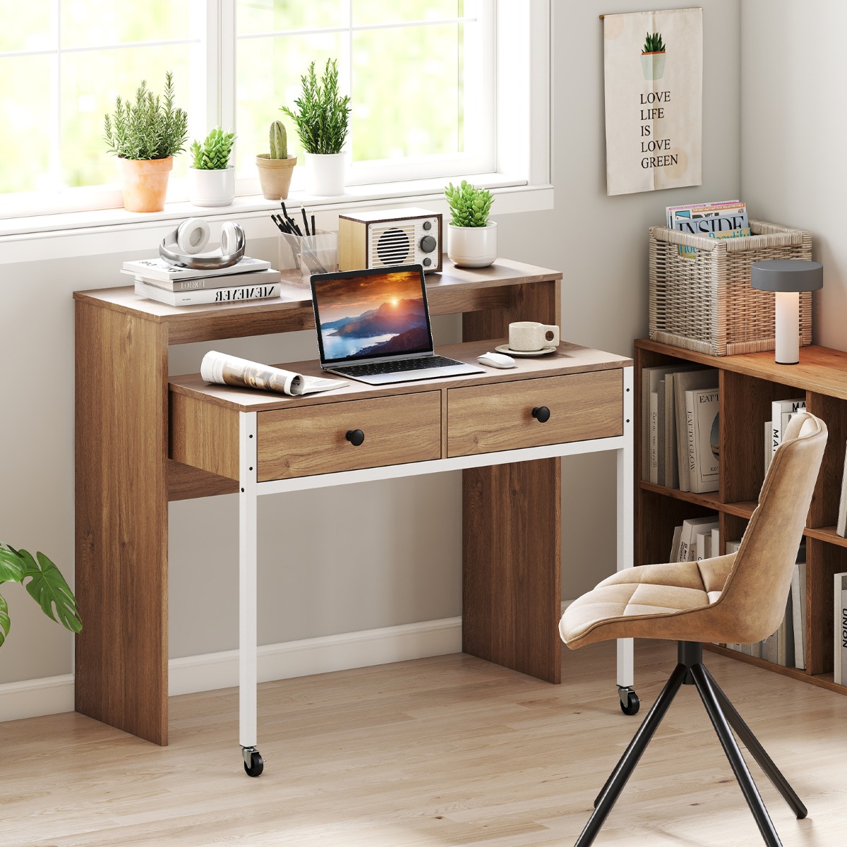 Costway Uittrekbare Bureau Kleine Computertafel met 2 Lades en Wielen 100 x 63 x 88 cm Natuur