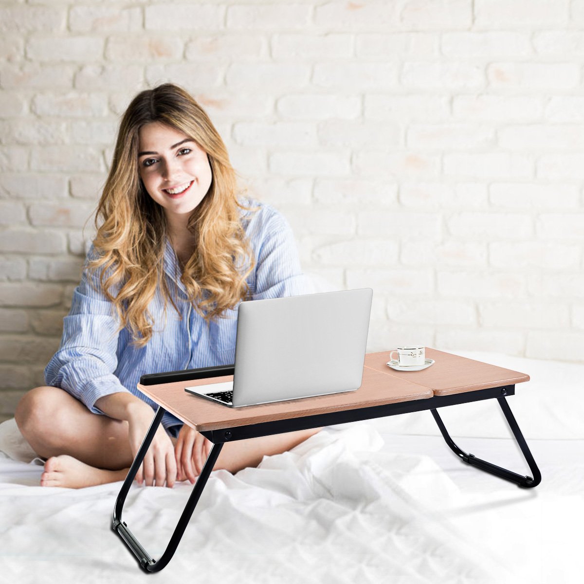 Costway Werktafel Laptoptafel Notebooktafel Bedtafel Bedblad Tafel Opvouwbaar Lapdecks Zwart+Natuurlijk