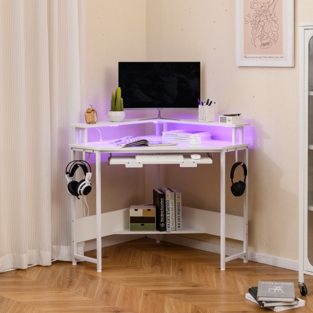 Costway Hoekbureau met Oplaadstation & LED & Toetsenbordlade & Monitorstandaard Gamingtafel Wit