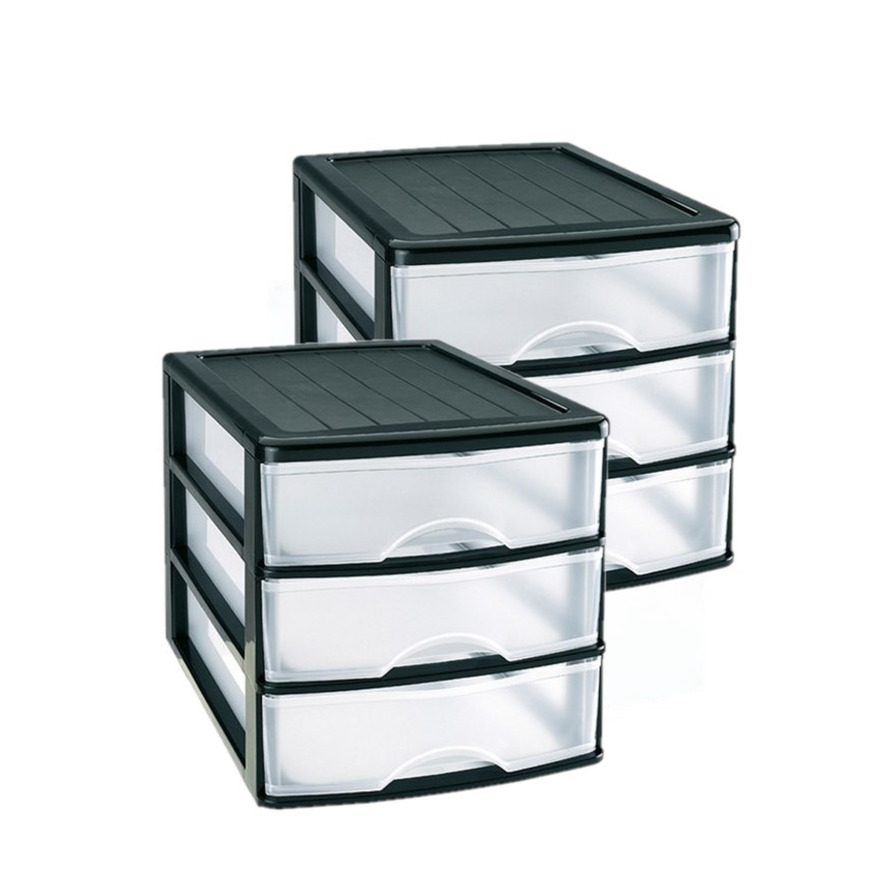 PlasticForte 3x stuks ladeblok/bureau organizer met 3 lades zwart/transparant 35,5 x B 27 x H 26 cm -