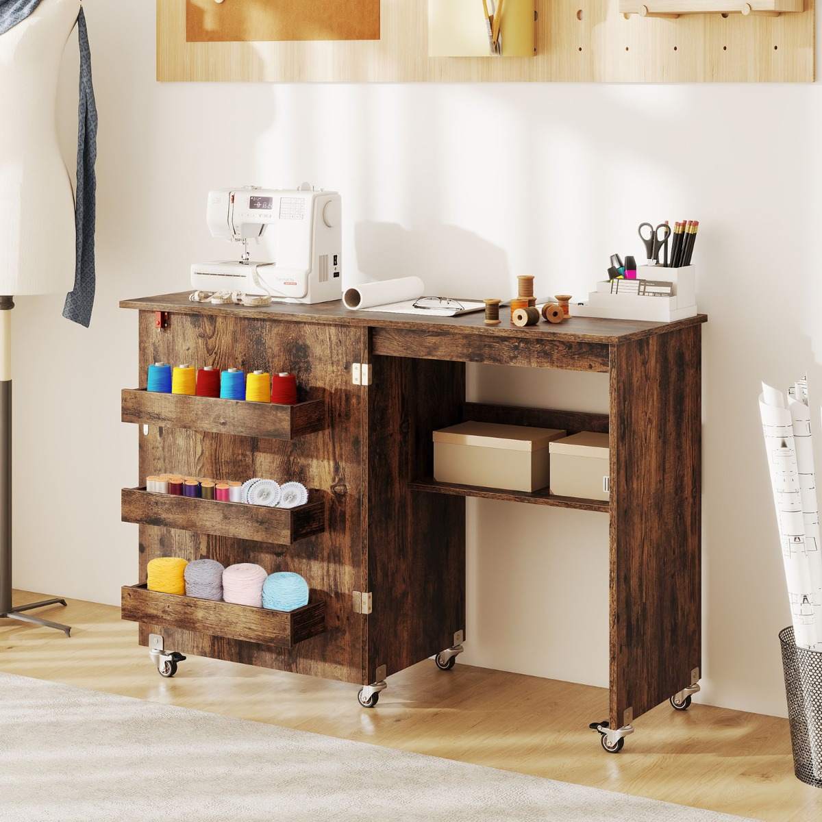 Costway Vouwbare Naaitafel Rollende Knutselstation met Opbergvak 3 Verborgen Containers Mobiele Naaitafel 118,5 x 40 x 79,5 cm Bruin