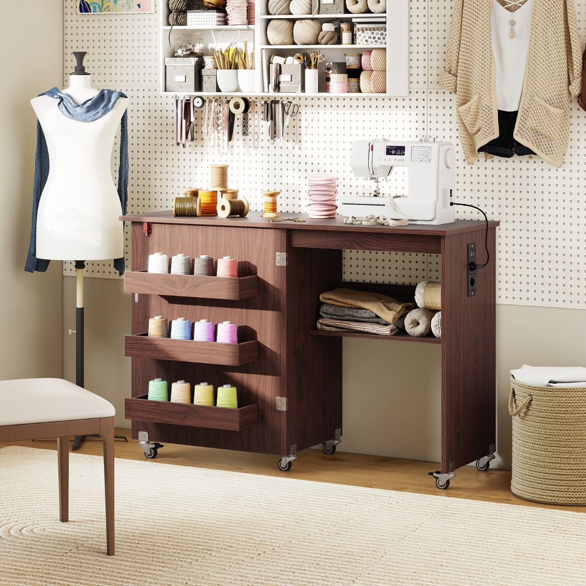 Costway 2-in-1 Opvouwbare Naaikast met Oplaadstation & Planken Naaimachinekast Naaikast Koffie