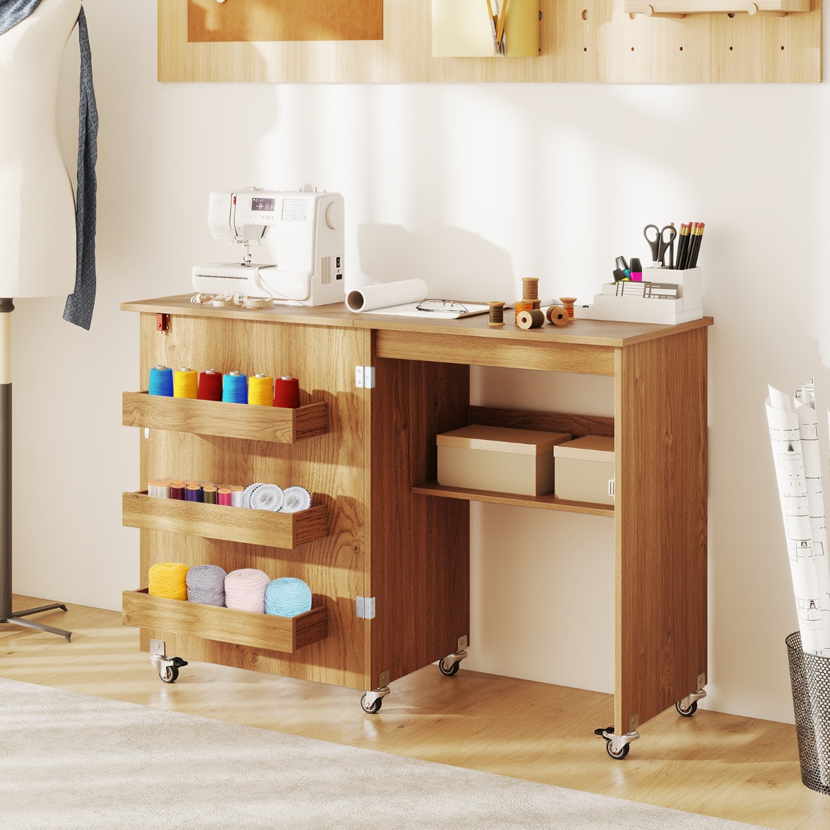 Costway Vouwbare Naaitafel Rollende Knutselstation met Opbergvak 3 Verborgen Containers Mobiele Naaitafel 118,5 x 40 x 79,5 cm Natuur