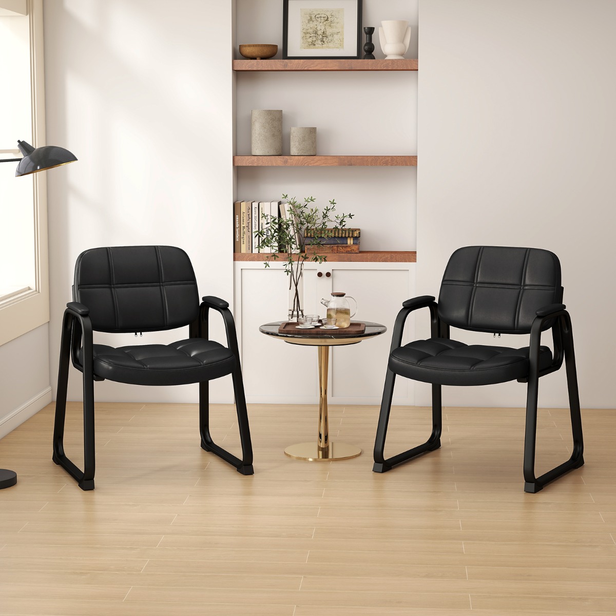 Costway 2-Delige Set Gastenstoelen Ergonomische Ontvangststoel met Metalen Frame en Gepolsterde Armleuningen Zwart