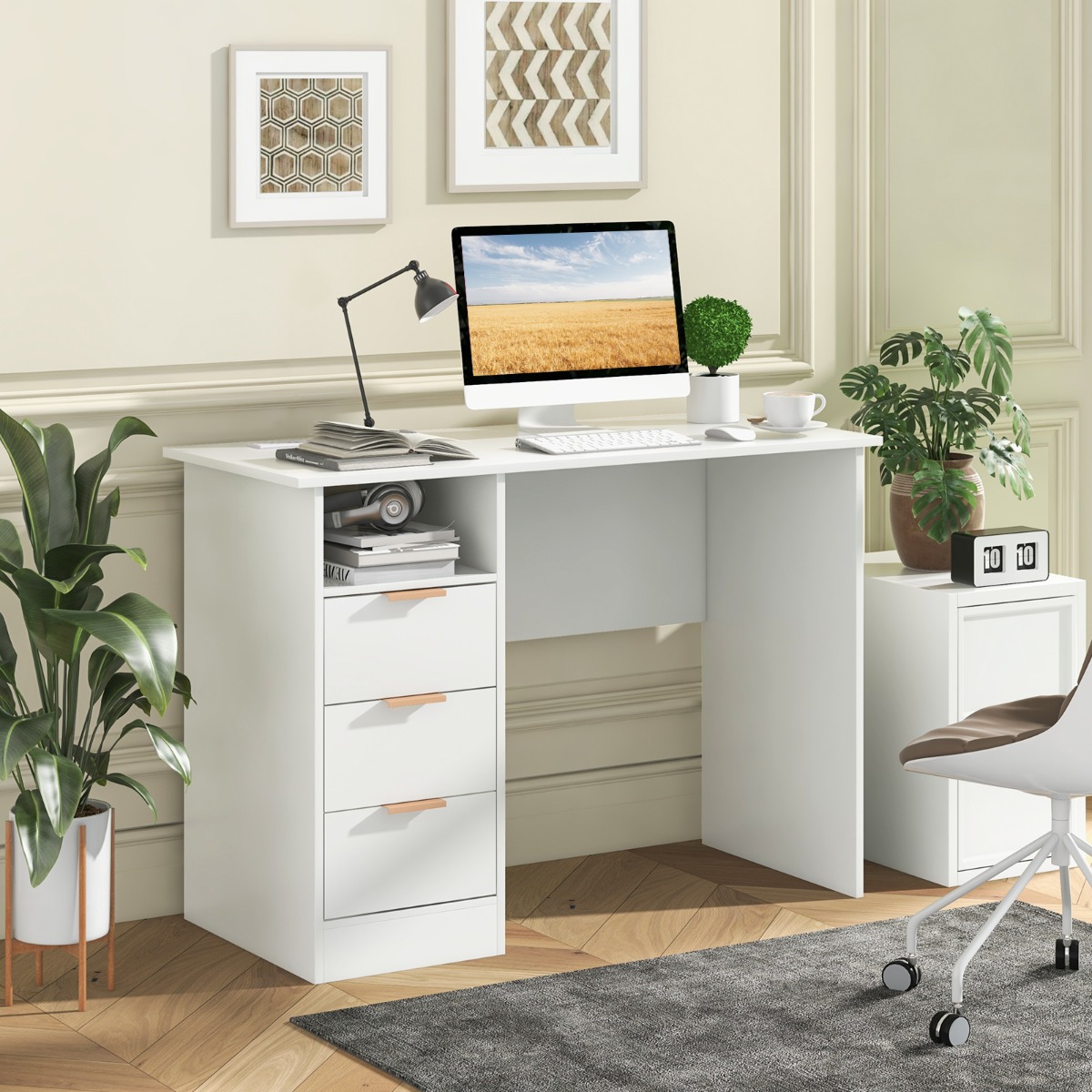Costway 108 cm Bureau met Geïntegreerd Oplaadstation 3 Laden Open Schap Computerwerkplek Groot Modern Bureau met Opbergruimte Wit