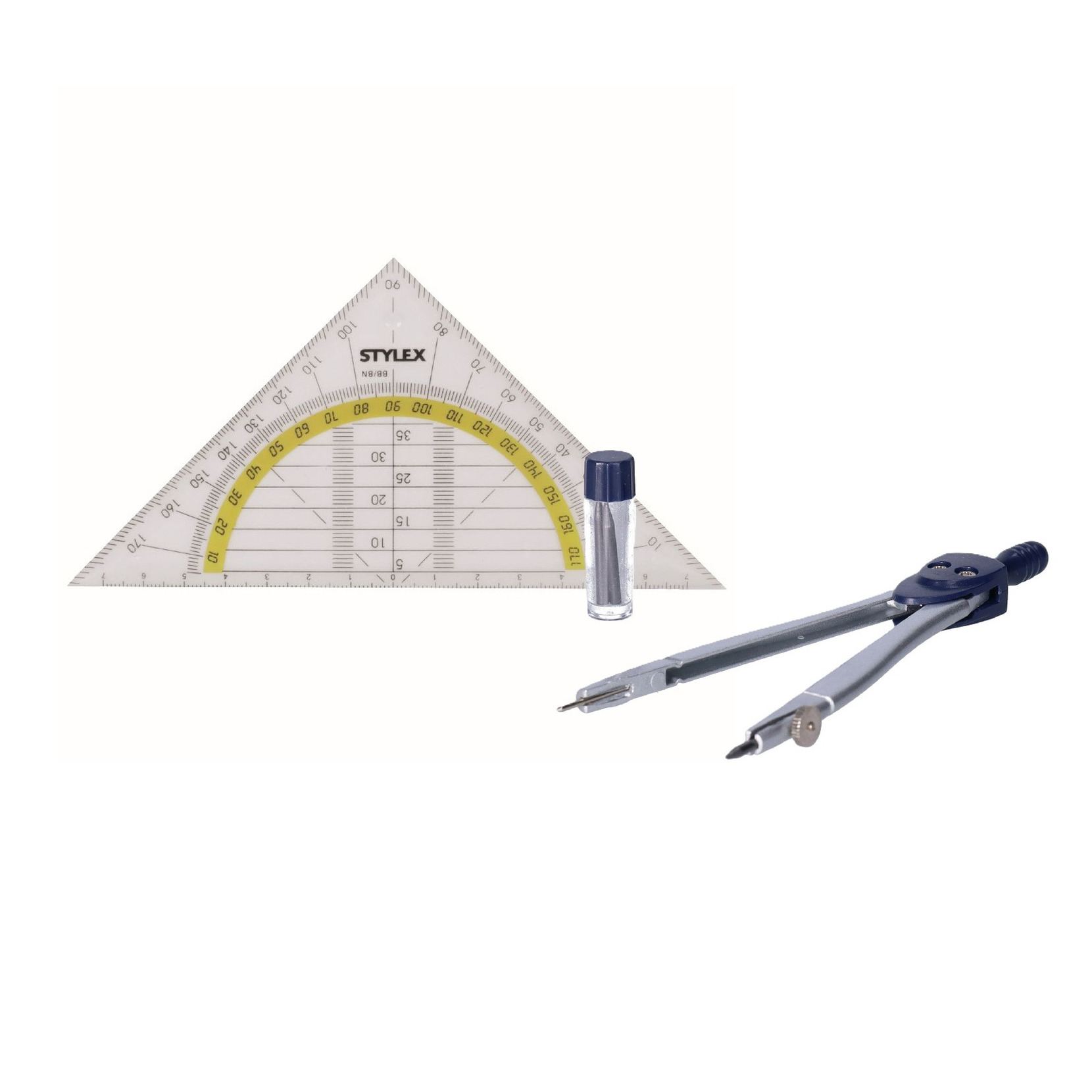 Merkloos Geodriehoek met passer set - wiskunde school set - Wiskunde/rekenen benodigdheden - Schoolspullen -
