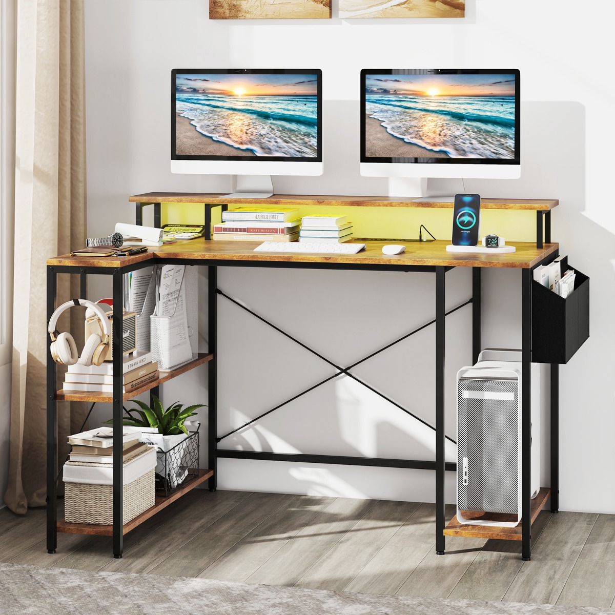 Costway L-vormig Bureau met Stopcontacten & LED-verlichting Gaming Computertafel Rustiek Bruin