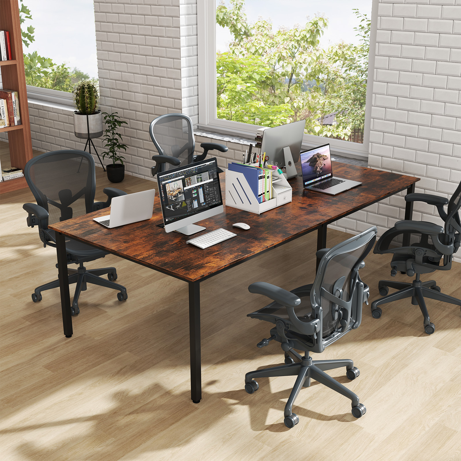 Costway Conferentietafel met 2 Kabeldoorvoeren Vergadertafel voor Maximaal 10 Personen Rustiek Bruin