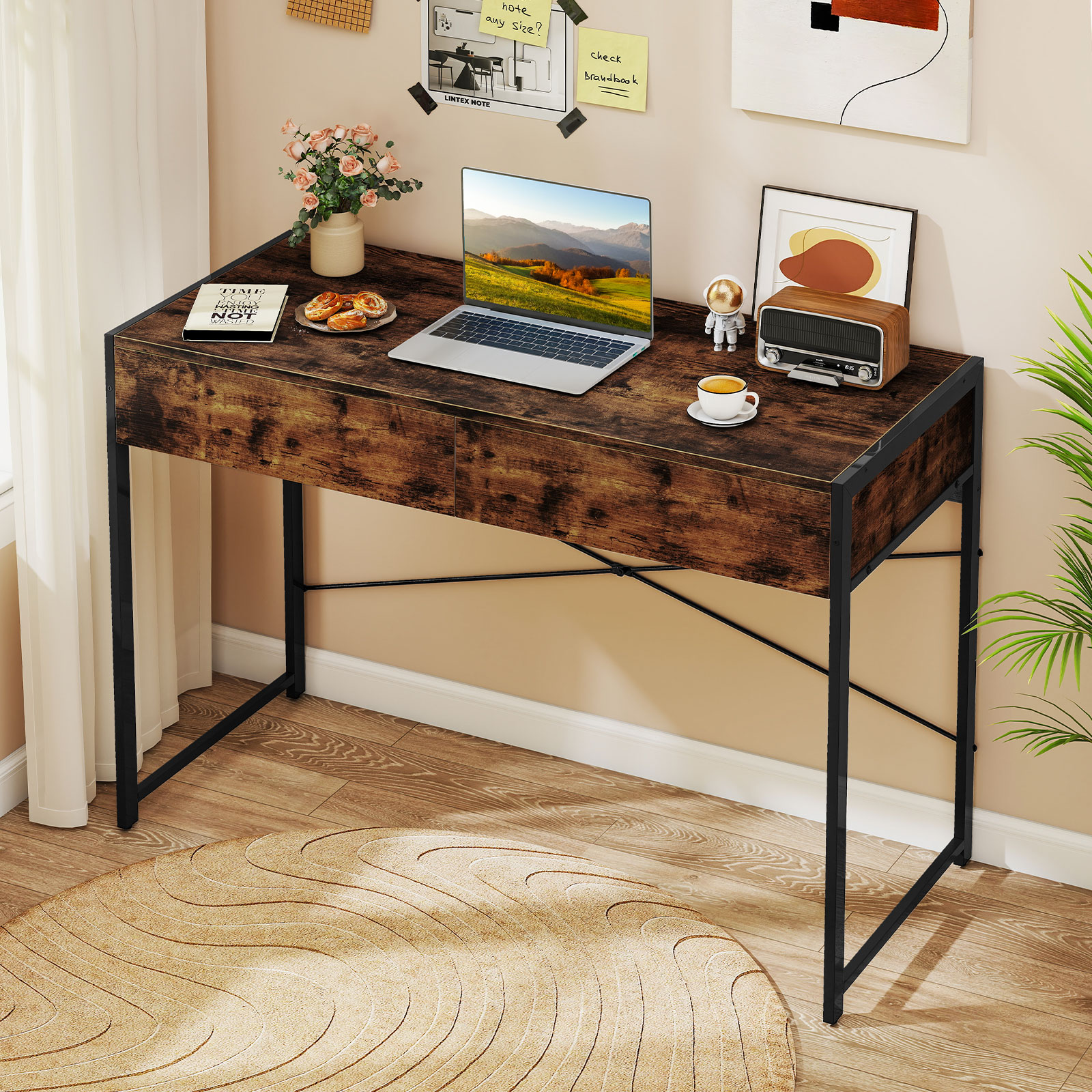 Costway Computertisch met 2 Lades Compacte Bureau Werktafel Make-up Tafel Rustiek Bruin