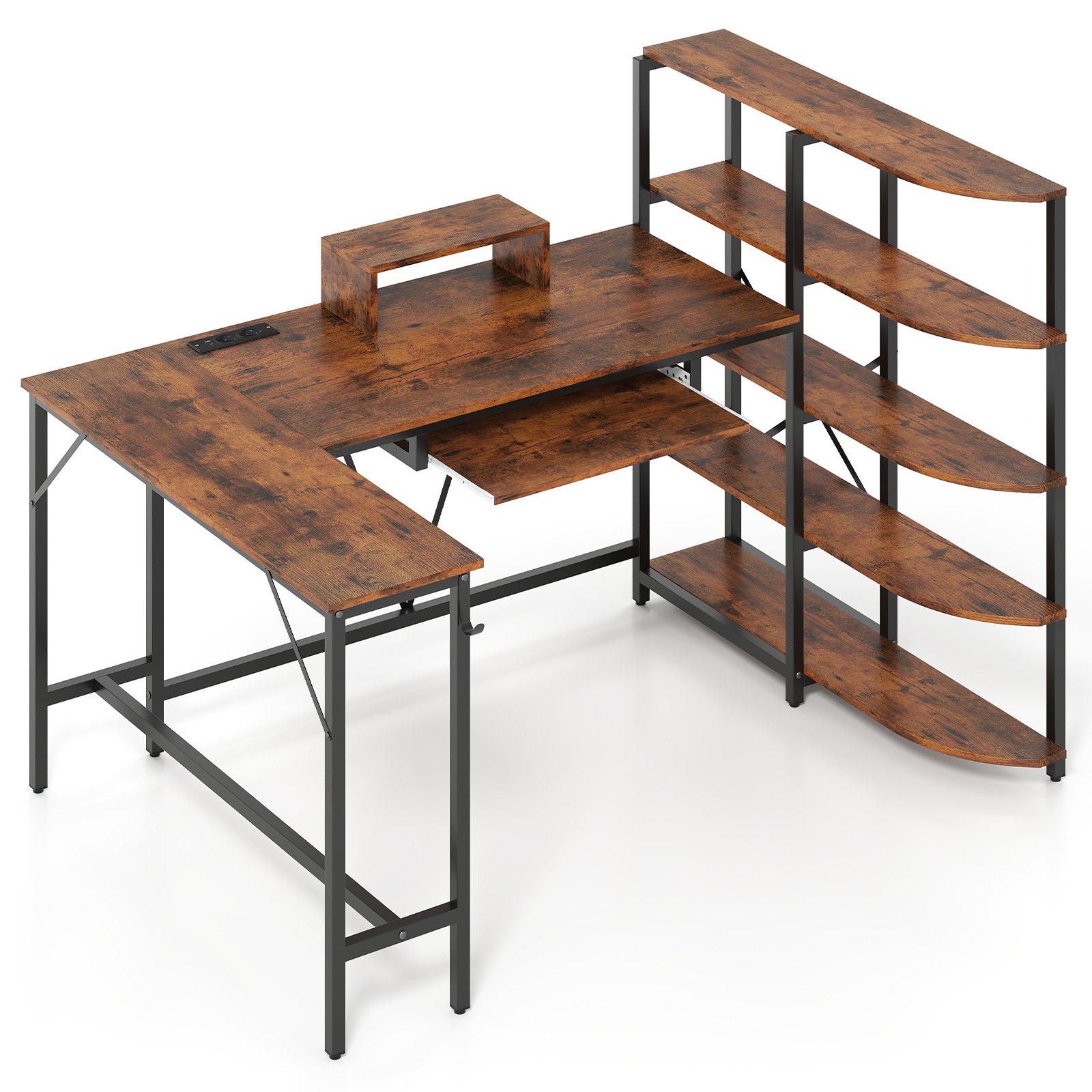 Costway L-vormige Bureau met Opbergvakken Hoekcomputerbureau met Oplaadstation Gamingtafel Rustiek Bruin