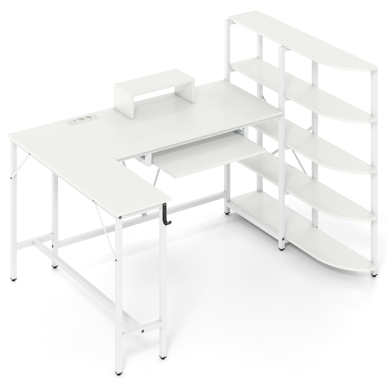 Costway L-vormige Bureau met Opbergvakken Hoekcomputerbureau met Oplaadstation Gamingtafel Wit