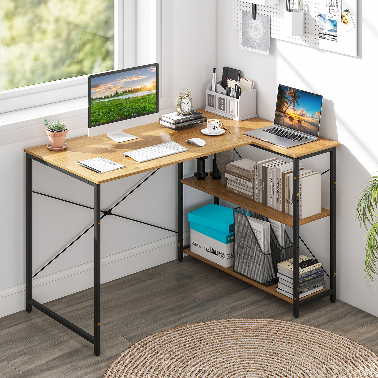 Costway L-vormige Computerbureau Omkeerbaar Hoekbureau met Verstelbare Plank Ruimtebesparend Schrijf- en Studietafel Natuur